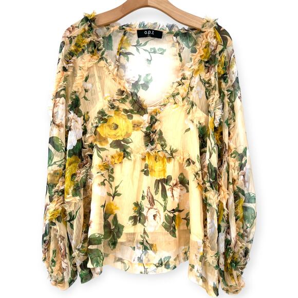 Butter Yellow L Top Floral Sheer Chiffon Blouse Ruffle Coquette Cottage Core - Picture 2 of 6